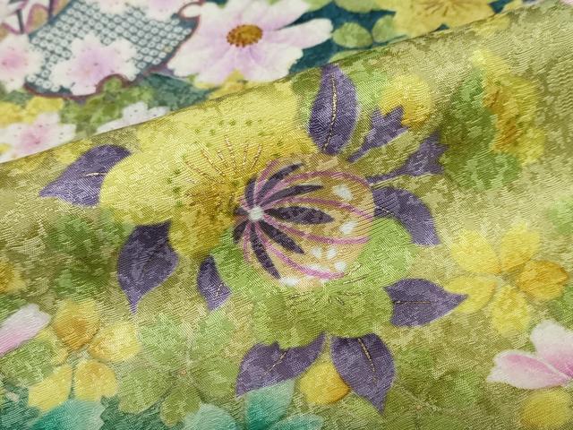 平和屋着物●豪華振袖　駒刺繍　手毬草花文　暈し染め　金彩　正絹　逸品　DABC2741ud