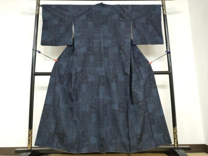 平和屋着物●結城紬　80亀甲　変わり格子抽象文様　さが美扱い　正絹　逸品　DABC2742ud