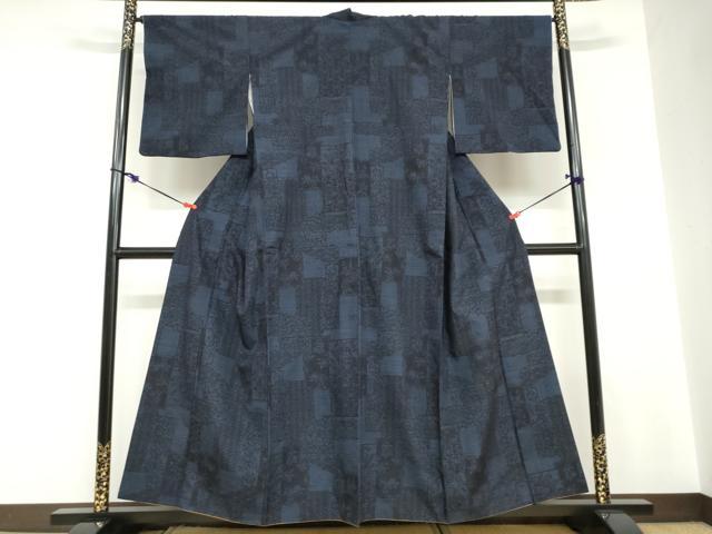 平和屋着物●結城紬　80亀甲　変わり格子抽象文様　さが美扱い　正絹　逸品　DABC2742ud