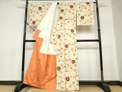 平和屋着物●上質な紬　枝花文　正絹　逸品　DABC2743ud
