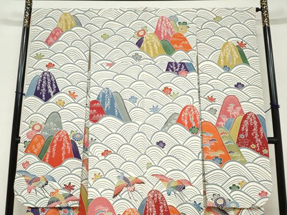 平和屋着物●豪華振袖　型染め　飛鶴青海波草花文　正絹　逸品　DABC2744ud