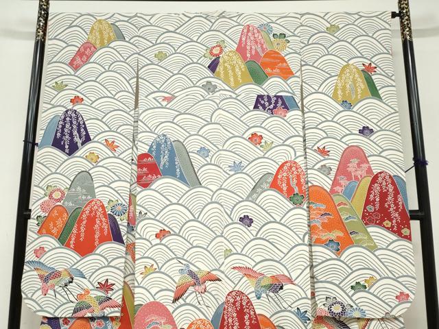 平和屋着物●豪華振袖　型染め　飛鶴青海波草花文　正絹　逸品　DABC2744ud