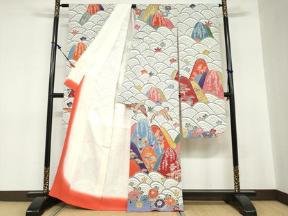 平和屋着物●豪華振袖　型染め　飛鶴青海波草花文　正絹　逸品　DABC2744ud