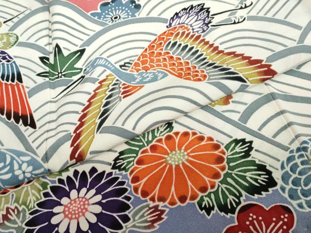 平和屋着物●豪華振袖　型染め　飛鶴青海波草花文　正絹　逸品　DABC2744ud
