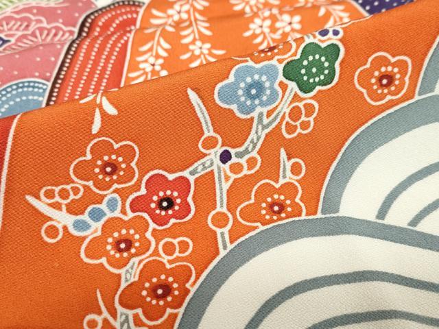 平和屋着物●豪華振袖　型染め　飛鶴青海波草花文　正絹　逸品　DABC2744ud