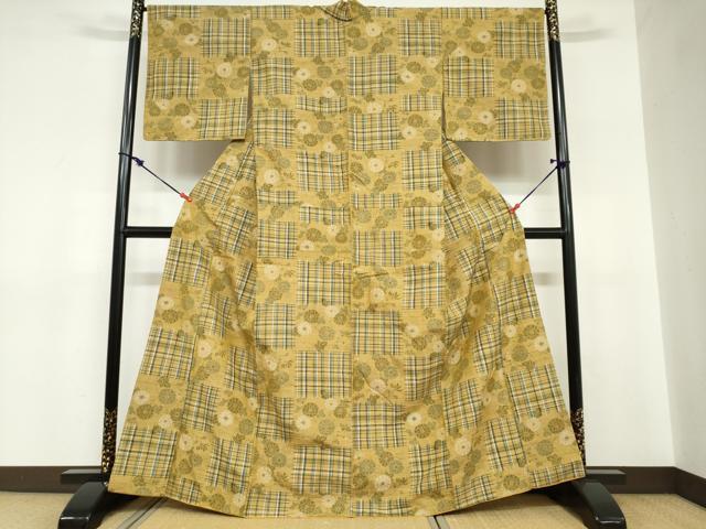 平和屋着物●上質な紬　市松草花文　正絹　逸品　DABC2748ud