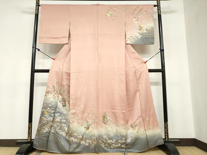 平和屋着物●訪問着　色紙草花文　暈し染め　金銀彩　正絹　逸品　DABC2753ud