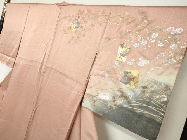 平和屋着物●訪問着　色紙草花文　暈し染め　金銀彩　正絹　逸品　DABC2753ud