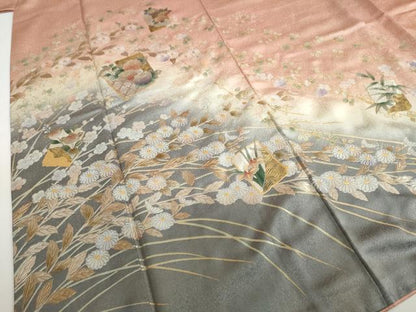 平和屋着物●訪問着　色紙草花文　暈し染め　金銀彩　正絹　逸品　DABC2753ud