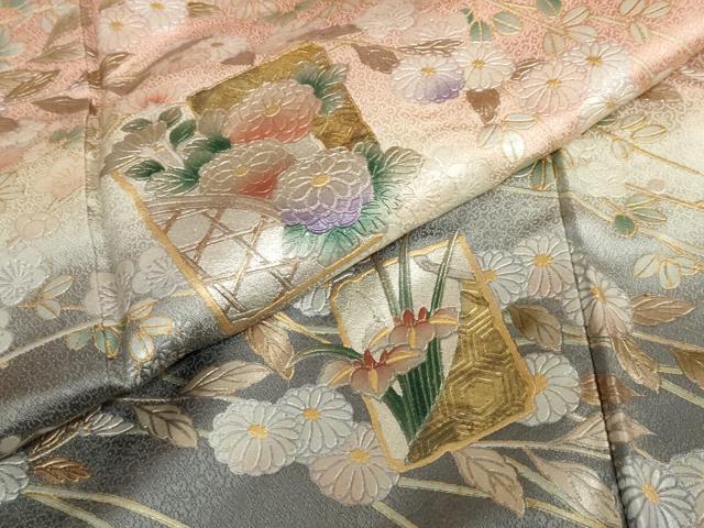 平和屋着物●訪問着　色紙草花文　暈し染め　金銀彩　正絹　逸品　DABC2753ud