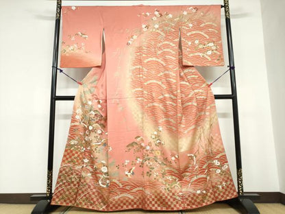 平和屋着物●訪問着　駒刺繍　貝桶飛鶴草花文　金彩　正絹　逸品　DABC2754ud