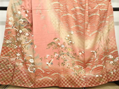 平和屋着物●訪問着　駒刺繍　貝桶飛鶴草花文　金彩　正絹　逸品　DABC2754ud