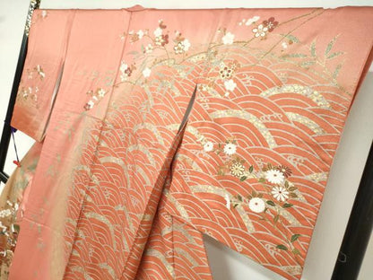 平和屋着物●訪問着　駒刺繍　貝桶飛鶴草花文　金彩　正絹　逸品　DABC2754ud