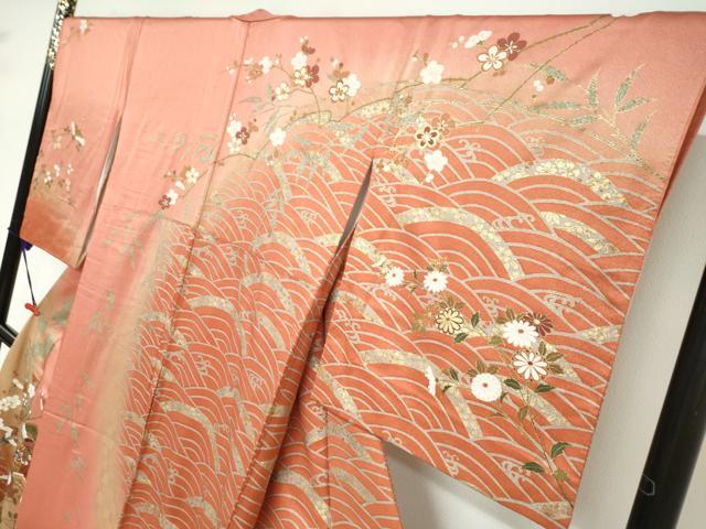 平和屋着物●訪問着　駒刺繍　貝桶飛鶴草花文　金彩　正絹　逸品　DABC2754ud