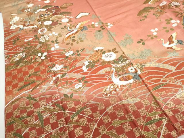 平和屋着物●訪問着　駒刺繍　貝桶飛鶴草花文　金彩　正絹　逸品　DABC2754ud