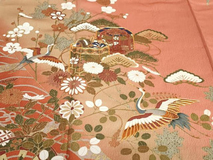 平和屋着物●訪問着　駒刺繍　貝桶飛鶴草花文　金彩　正絹　逸品　DABC2754ud