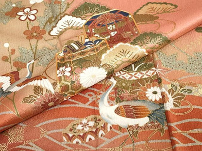 平和屋着物●訪問着　駒刺繍　貝桶飛鶴草花文　金彩　正絹　逸品　DABC2754ud