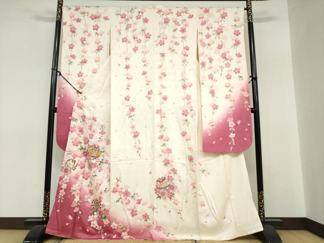 平和屋着物●豪華振袖　駒刺繍　手毬枝垂れ桜文　金彩　正絹　逸品　DABC2755ud