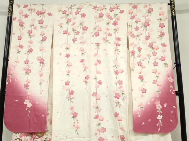 平和屋着物●豪華振袖　駒刺繍　手毬枝垂れ桜文　金彩　正絹　逸品　DABC2755ud 平和屋着物○豪華振袖 駒刺繍 手毬枝垂れ桜文 金彩 正絹 逸品
