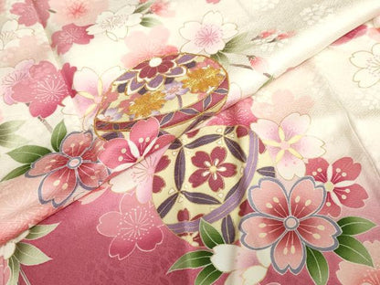 平和屋着物●豪華振袖　駒刺繍　手毬枝垂れ桜文　金彩　正絹　逸品　DABC2755ud