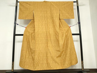 平和屋着物●黄八丈　紬　市松綾織　変わり格子文　正絹　逸品　DABC2756ud