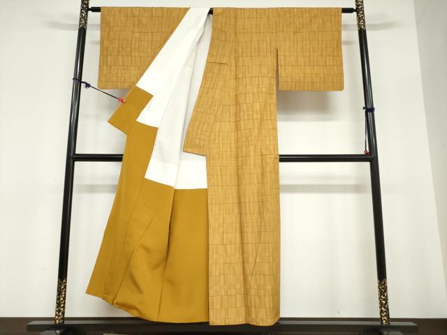 平和屋着物●黄八丈　紬　市松綾織　変わり格子文　正絹　逸品　DABC2756ud