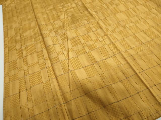 平和屋着物●黄八丈　紬　市松綾織　変わり格子文　正絹　逸品　DABC2756ud