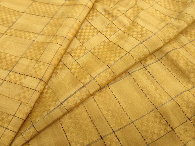 平和屋着物●黄八丈　紬　市松綾織　変わり格子文　正絹　逸品　DABC2756ud