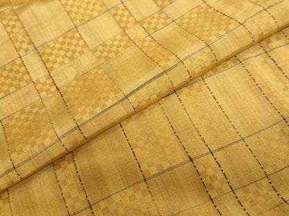 平和屋着物●黄八丈　紬　市松綾織　変わり格子文　正絹　逸品　DABC2756ud