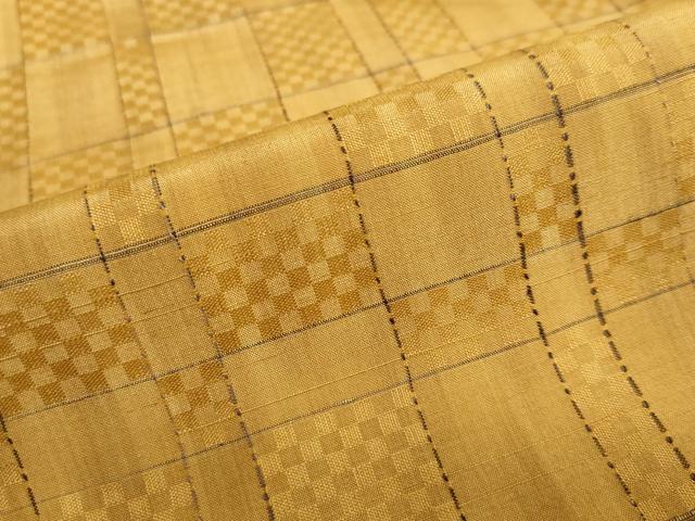 平和屋着物●黄八丈　紬　市松綾織　変わり格子文　正絹　逸品　DABC2756ud