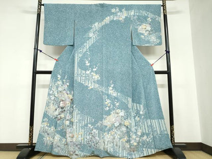 平和屋着物●訪問着　駒刺繍　地紙流水草花文　たたき染め　金銀彩　正絹　逸品　DABC2759ud