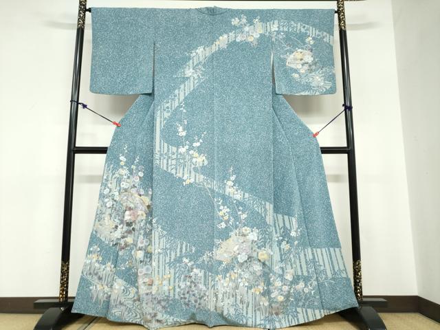 平和屋着物●訪問着　駒刺繍　地紙流水草花文　たたき染め　金銀彩　正絹　逸品　DABC2759ud