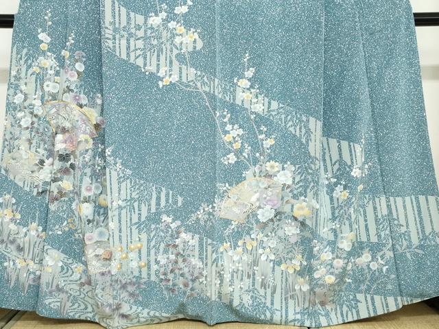 平和屋着物●訪問着　駒刺繍　地紙流水草花文　たたき染め　金銀彩　正絹　逸品　DABC2759ud