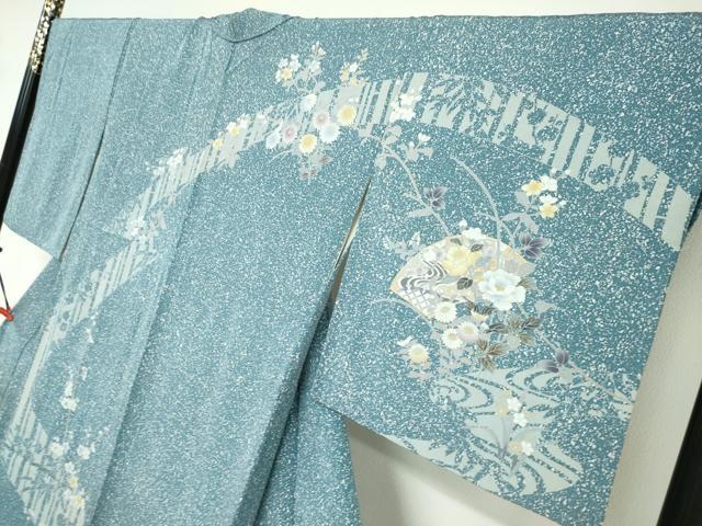 平和屋着物●訪問着　駒刺繍　地紙流水草花文　たたき染め　金銀彩　正絹　逸品　DABC2759ud