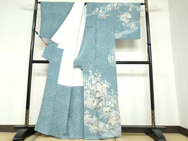 平和屋着物●訪問着　駒刺繍　地紙流水草花文　たたき染め　金銀彩　正絹　逸品　DABC2759ud