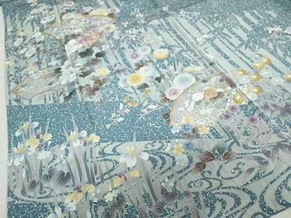 平和屋着物●訪問着　駒刺繍　地紙流水草花文　たたき染め　金銀彩　正絹　逸品　DABC2759ud