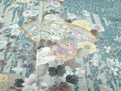 平和屋着物●訪問着　駒刺繍　地紙流水草花文　たたき染め　金銀彩　正絹　逸品　DABC2759ud