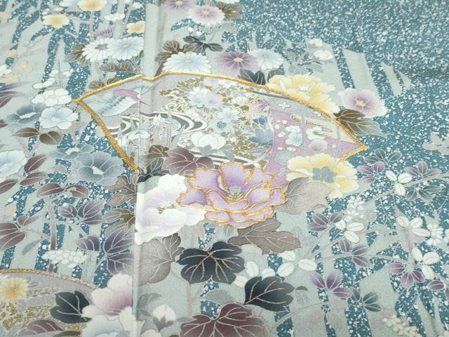 平和屋着物●訪問着　駒刺繍　地紙流水草花文　たたき染め　金銀彩　正絹　逸品　DABC2759ud