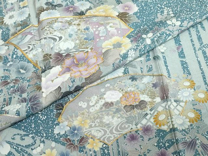 平和屋着物●訪問着　駒刺繍　地紙流水草花文　たたき染め　金銀彩　正絹　逸品　DABC2759ud