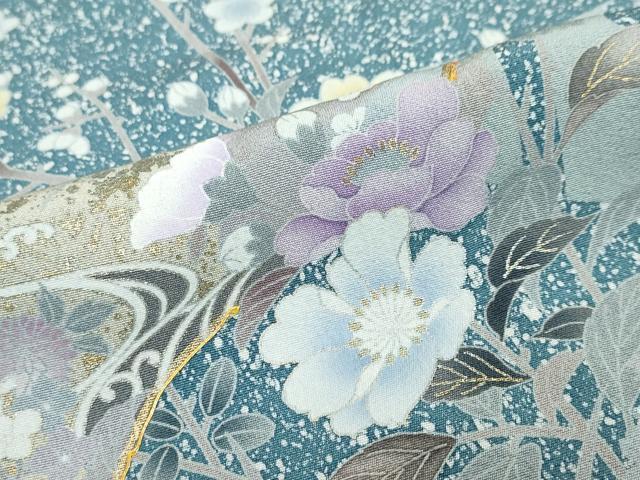 平和屋着物●訪問着　駒刺繍　地紙流水草花文　たたき染め　金銀彩　正絹　逸品　DABC2759ud