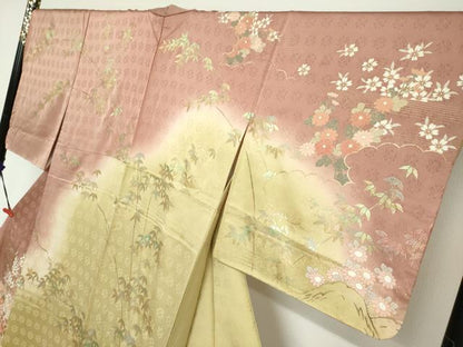 平和屋着物●訪問着　扇面草花文　暈し染め　金彩　正絹　逸品　DABC2760ud
