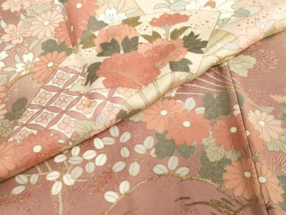 平和屋着物●訪問着　扇面草花文　暈し染め　金彩　正絹　逸品　DABC2760ud