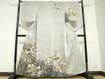 平和屋着物●訪問着　エ霞草花文　たたき染め　黒地　金彩　正絹　逸品　DABC2764ud