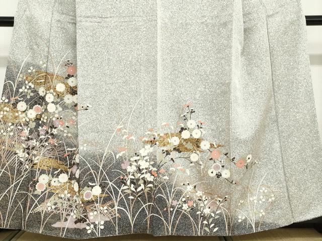 平和屋着物●訪問着　エ霞草花文　たたき染め　黒地　金彩　正絹　逸品　DABC2764ud