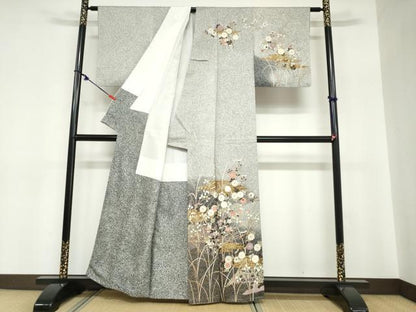 平和屋着物●訪問着　エ霞草花文　たたき染め　黒地　金彩　正絹　逸品　DABC2764ud