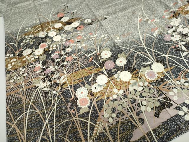 平和屋着物●訪問着　エ霞草花文　たたき染め　黒地　金彩　正絹　逸品　DABC2764ud