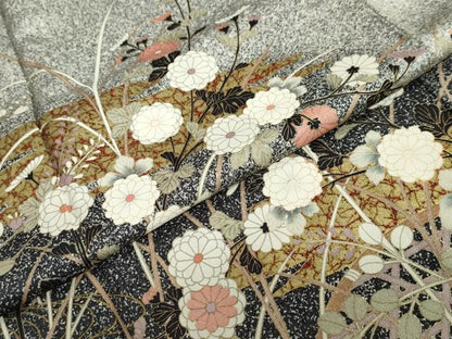 平和屋着物●訪問着　エ霞草花文　たたき染め　黒地　金彩　正絹　逸品　DABC2764ud