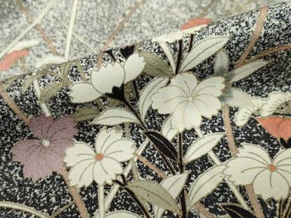 平和屋着物●訪問着　エ霞草花文　たたき染め　黒地　金彩　正絹　逸品　DABC2764ud
