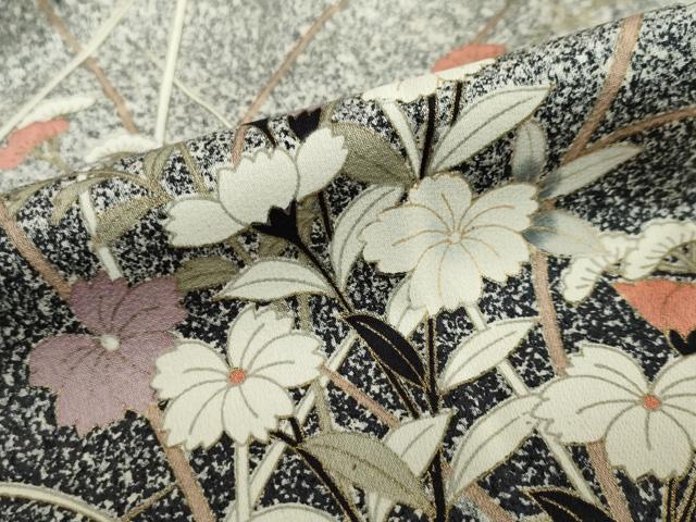 平和屋着物●訪問着　エ霞草花文　たたき染め　黒地　金彩　正絹　逸品　DABC2764ud