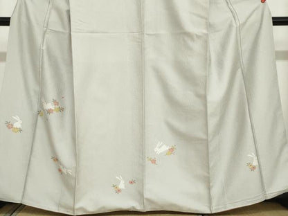 平和屋着物●訪問着　お召地　唐織　草花文　跳兎　正絹　逸品　DABC2767ud